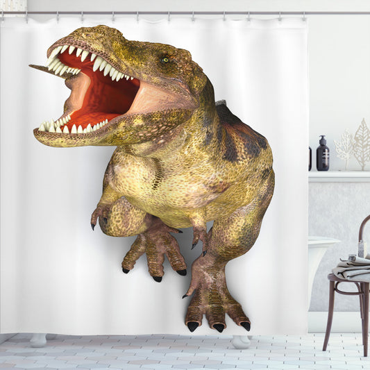 Vibrant T-Rex Dinosaur Bath Curtain in Army Green, Scarlet, and Tan Colors