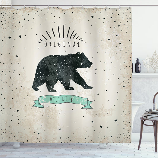 Vintage Wildlife Bear Print Shower Curtain in Mint Green, Black, and Tan Color Palette