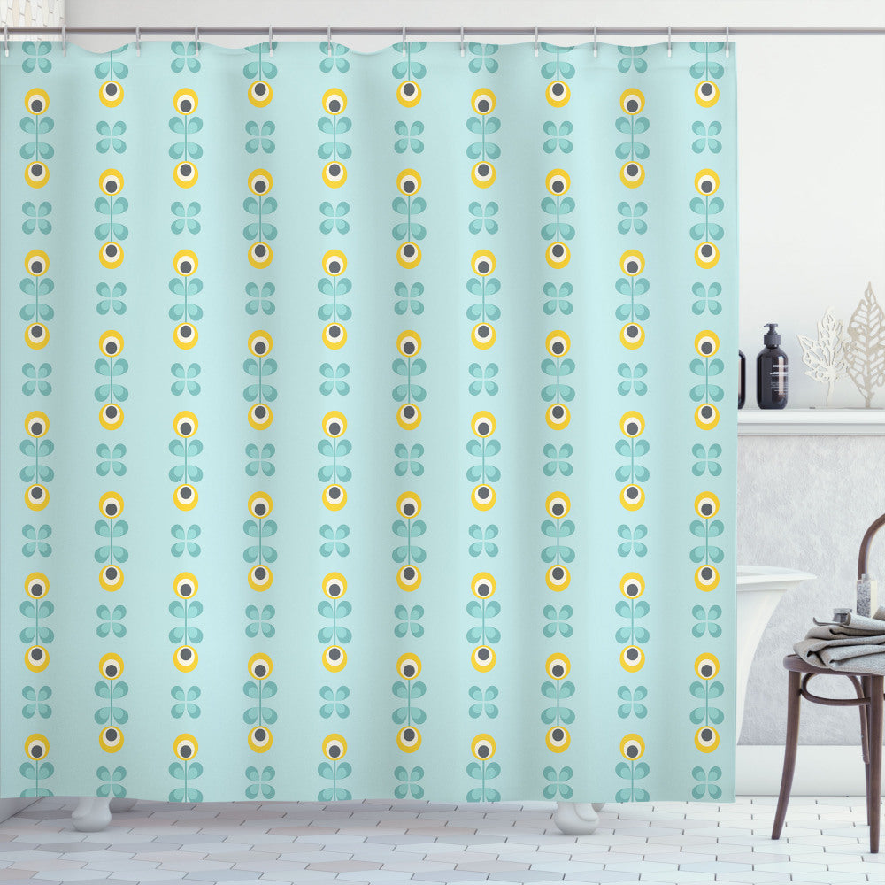 Abstract Floral Scandinavian Style Shower Curtain in Pale Blue, Yellow, and Charcoal Grey