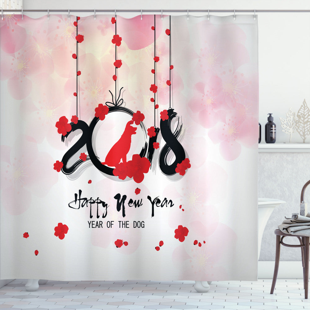 Year of the Dog-Inspired Bath Shower Curtain: Brush Blossom Vermilion, Pale Pink, and Black Design