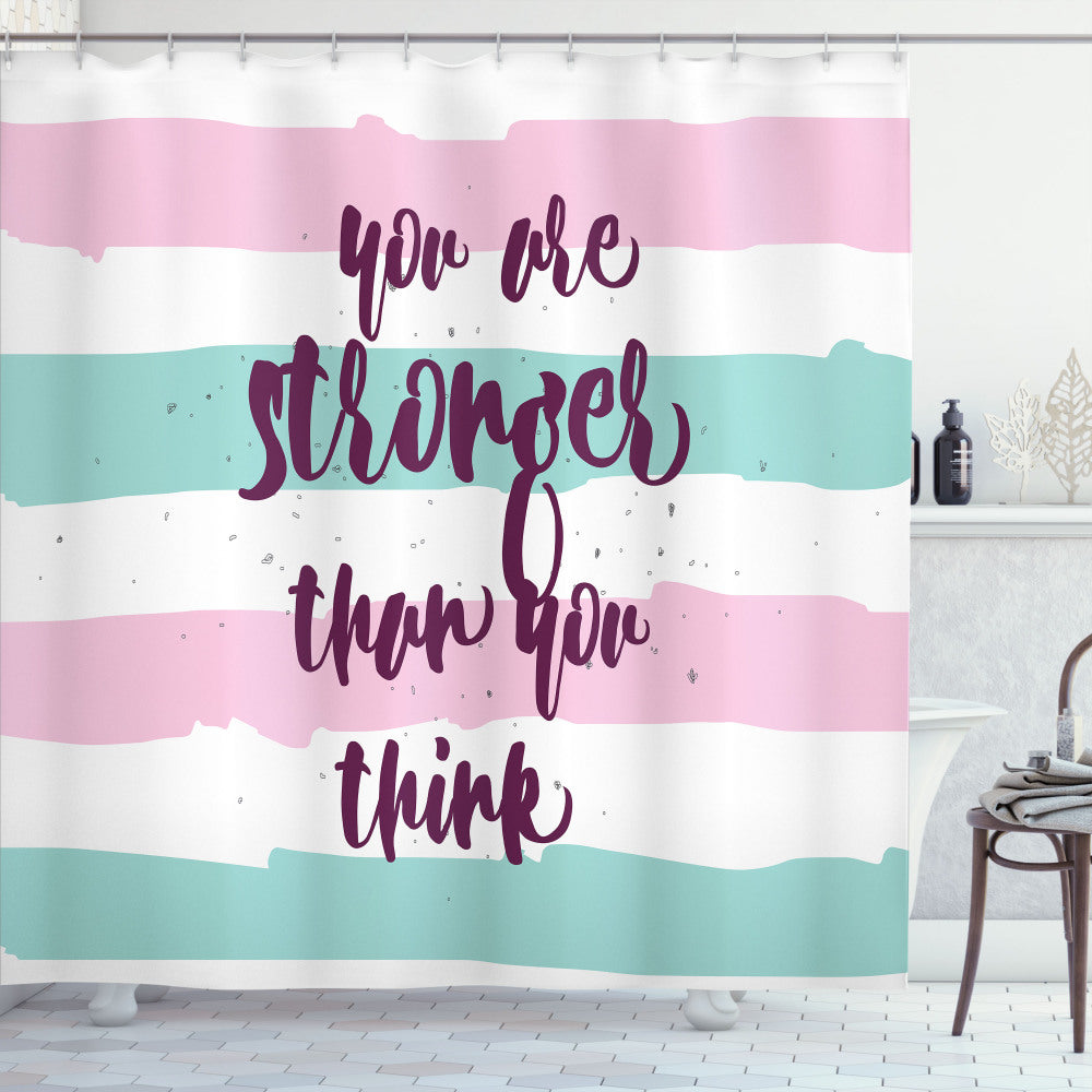 Watercolor Stripes Typography Bath Curtain - You are Stronger than You Think in Pale Pink, Seafoam, and Plum