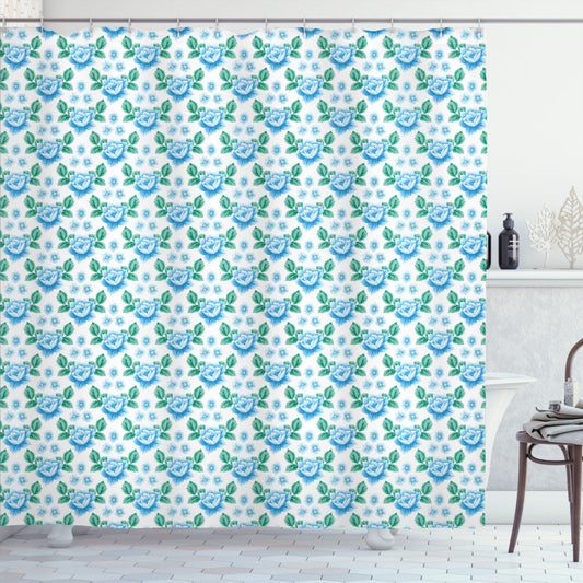 Vintage Blue Blooms Botany Custom Shower Curtains