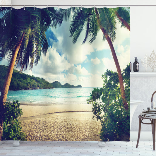 Vintage Tropical Summer Vibes: Palm Tree Design in Dark Green, Sand Brown, and Pale Blue Shower Curtain