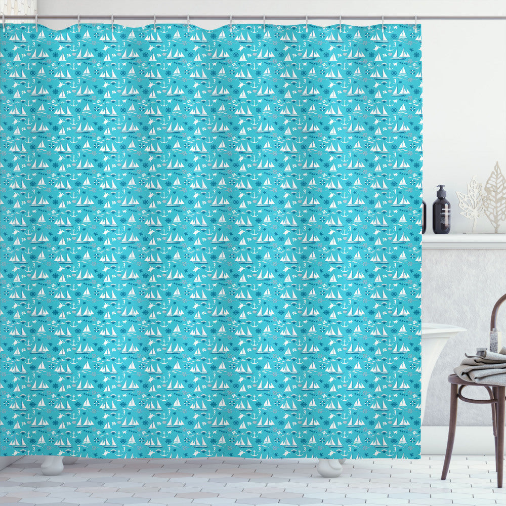 Turquoise and Petrol Blue Sailboat Turtles and Sea Horses Shower Curtain