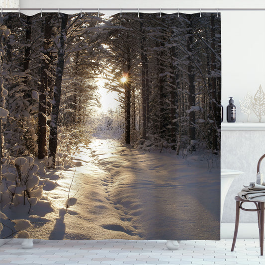 Winter Wonderland: Christmas Snow Forest Themed Shower Curtain in Pale Yellow and Brown