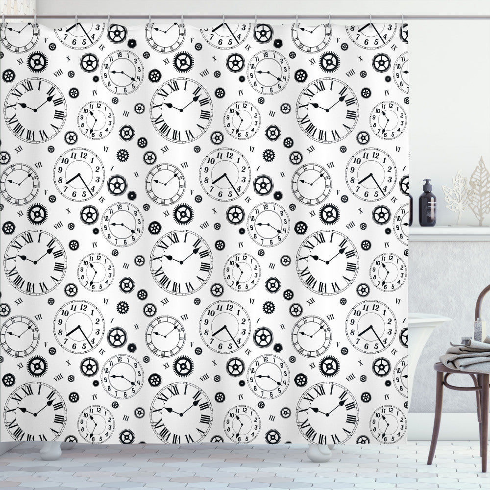 Clock-Inspired Time Mechanism Gear Design for Shower Curtains in White and Black