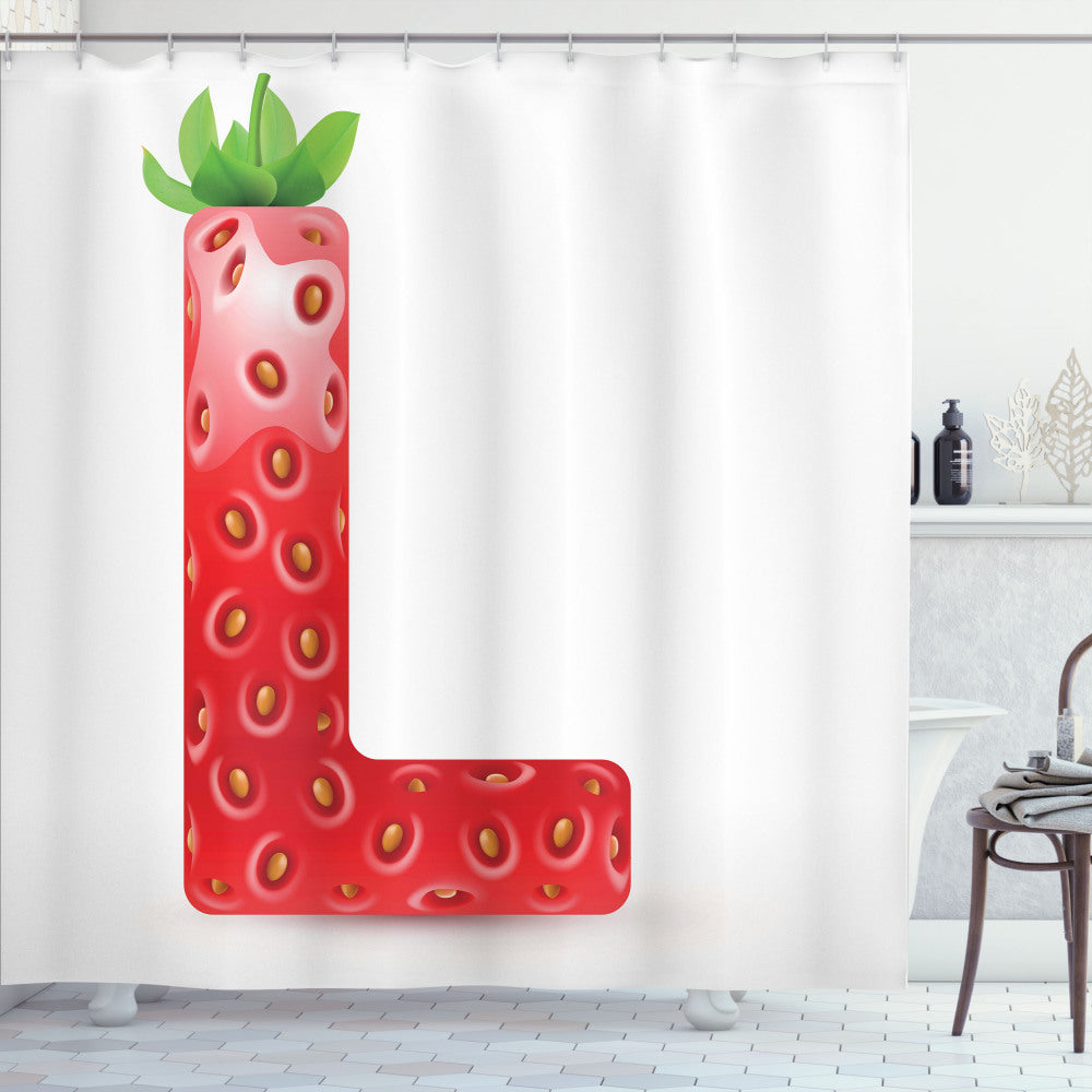 Vibrant Letter L: Vermilion, Orange, and Green - A Fresh Take on Ripe Strawberries in a Shower Curtain