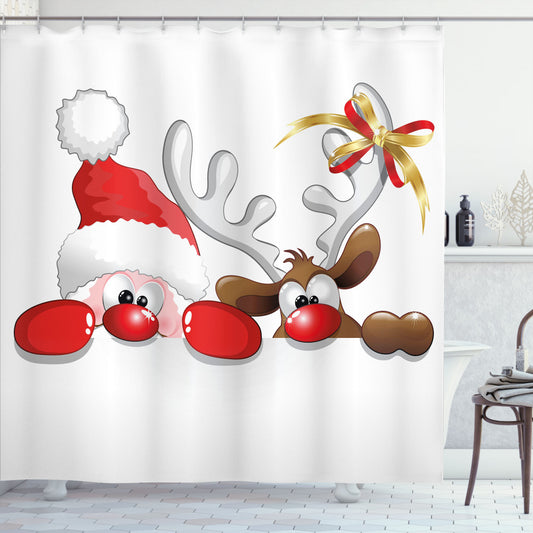 Whimsical Christmas Bath Curtain in Vermilion, Caramel, and White with Santa and Reindeer Design