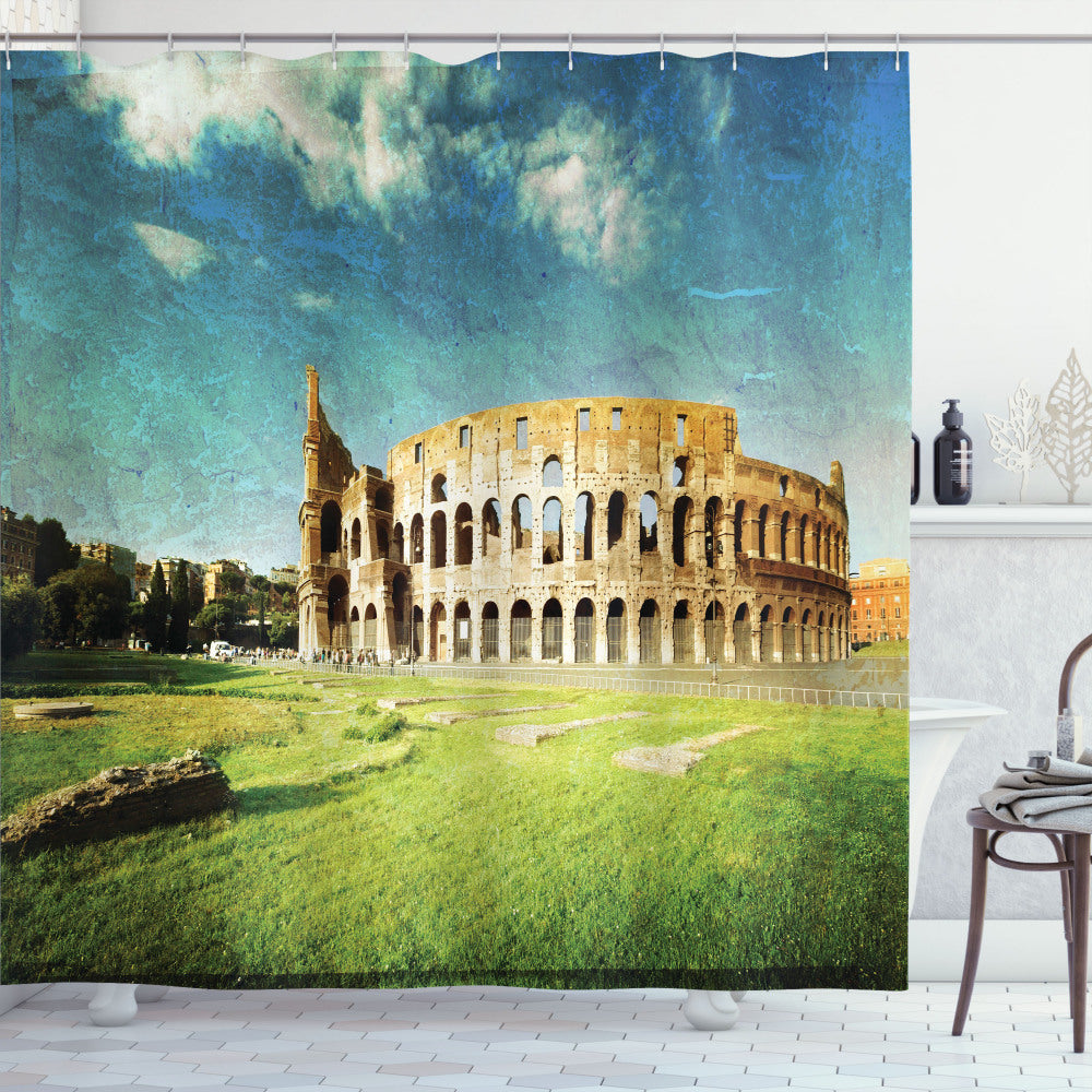 Vintage Italian Sunset Rome Bath Curtain in Green and Blue