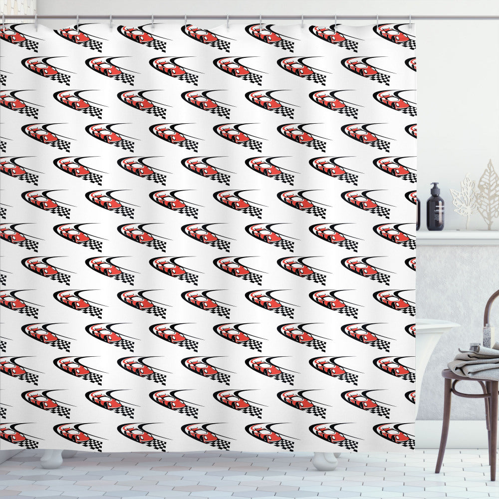 Winning Formula Race Rally Cars in Bold Scarlett, White, and Black: Innovative Shower Curtains