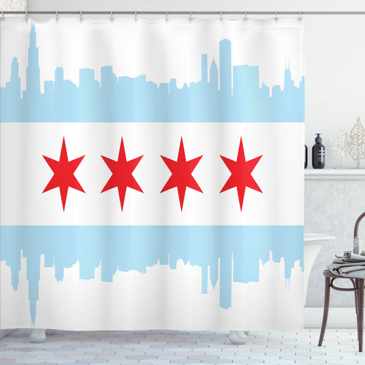 Chicago Skyline Flag Inspired Baby Blue, White, and Red Buildings Shower Curtain