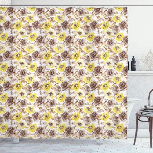 Vintage Rustic Roses Shower Curtain in Yellow, Beige, and Brown Tones