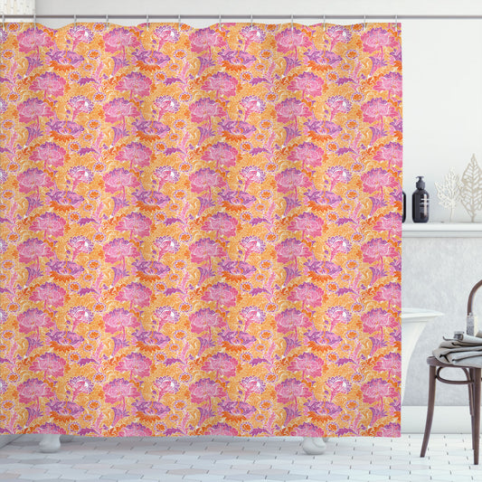 Asian-Inspired Floral Fantasy Shower Curtain in Shades of Orange, Purple, and Pink