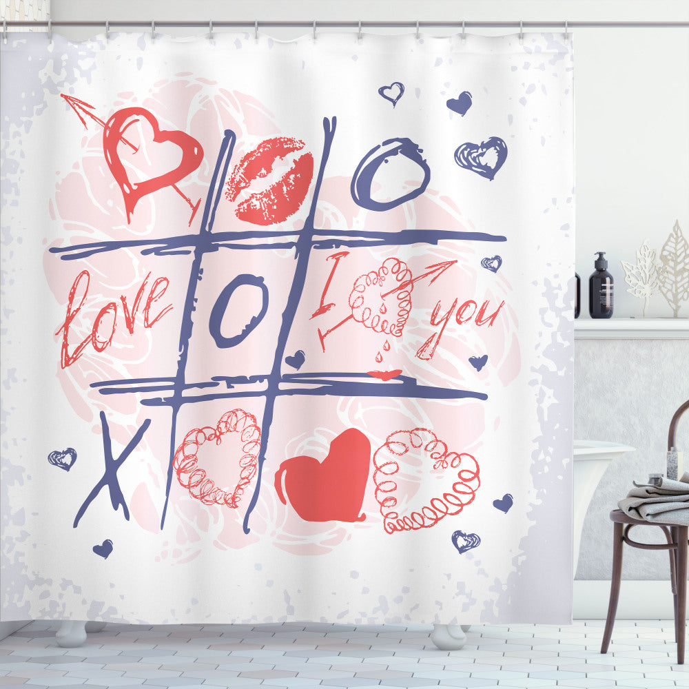 Valentine's Day Xoxo Lips Game Bath Curtain in White, Blue, and Red Color Variations