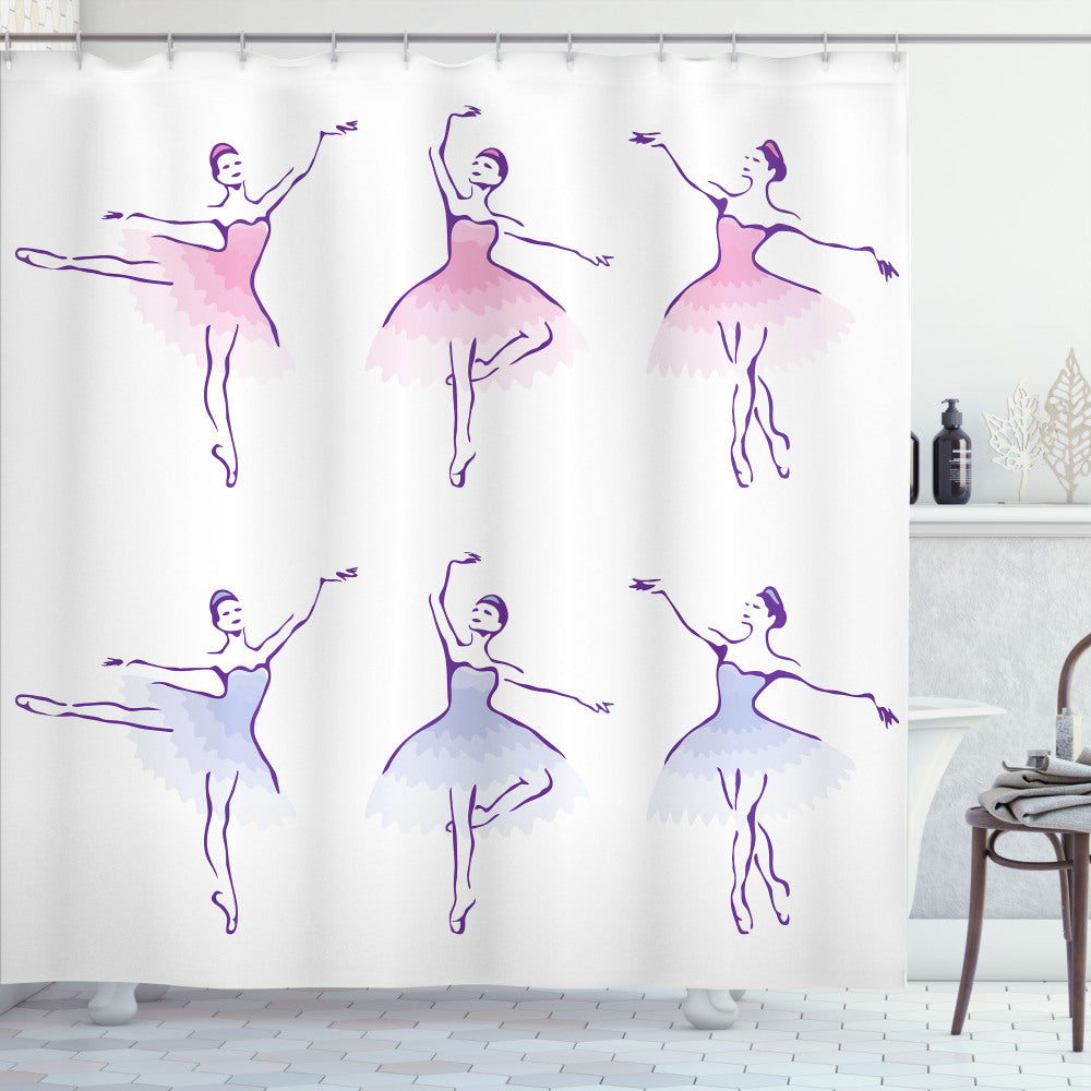 Ballet Inspired Dancer Women Watercolors Bath Curtain in Ceil Blue, Purple and Pink