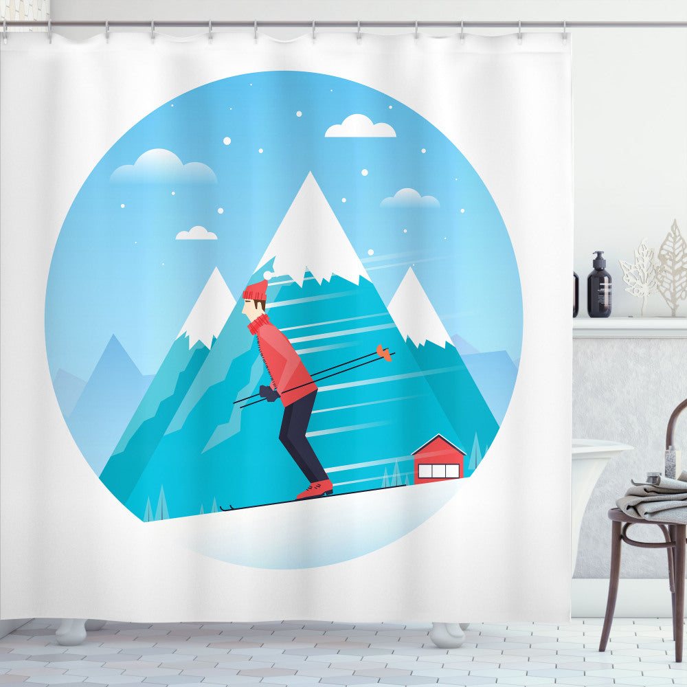 Winter Wonderland: Man Skiing on a Snowy Hill Bath Curtain in Dark Coral and Blue