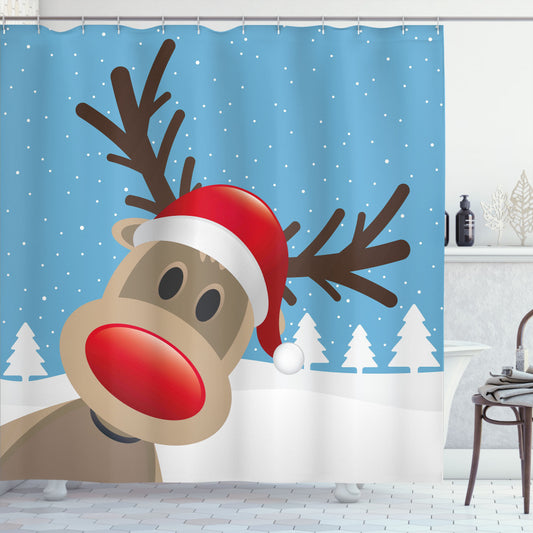 Christmas Reindeer Rudolph Hat Design Shower Curtain in Pale Brown, Pale Blue, and Red Colors