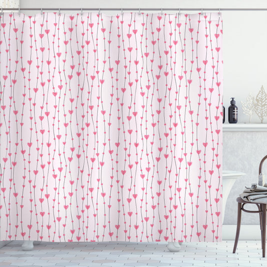 Vintage Valentine: Curvilinear Heart Design Shower Curtain in Baby Pink, Pastel Pink, and Charcoal Grey