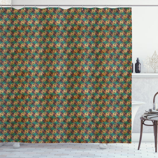 Abstract Grungy Retro Rhombus Pattern Shower Curtain in Pale Brown, Chocolate, and Jade Green