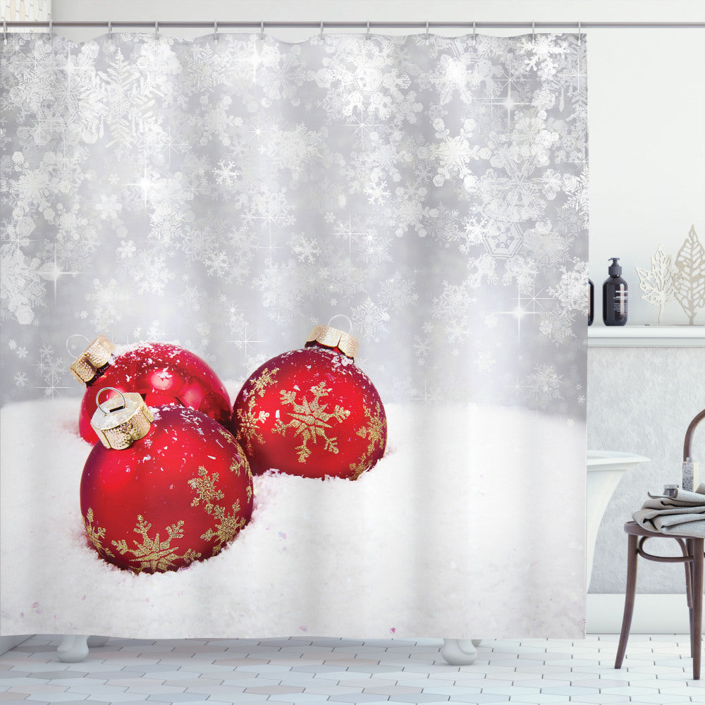 Christmas Baubles on White Snowflake Shower Curtain