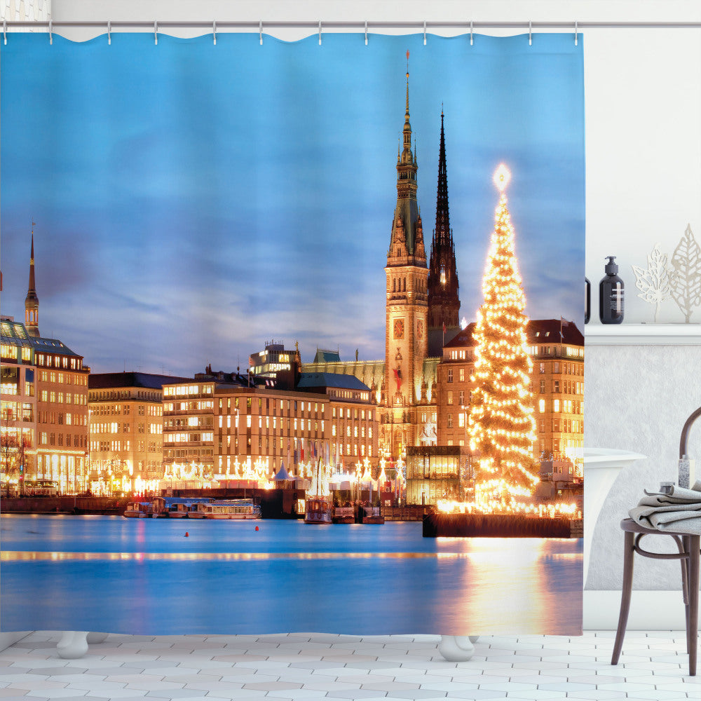 Winter-themed Orange, Brown, and Blue Old Town Hamburg Germany Shower Curtain