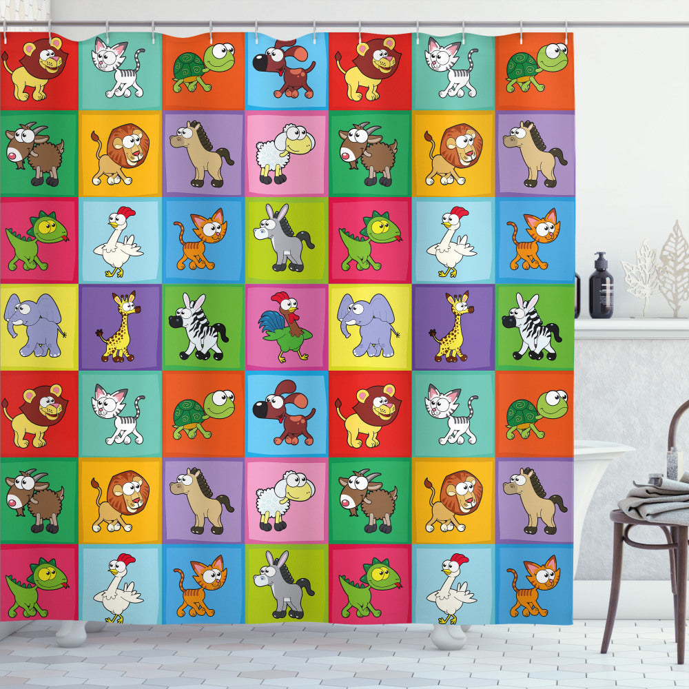 Whimsical Nursery Shower Curtain Featuring Playful Young Animals in Multicolor