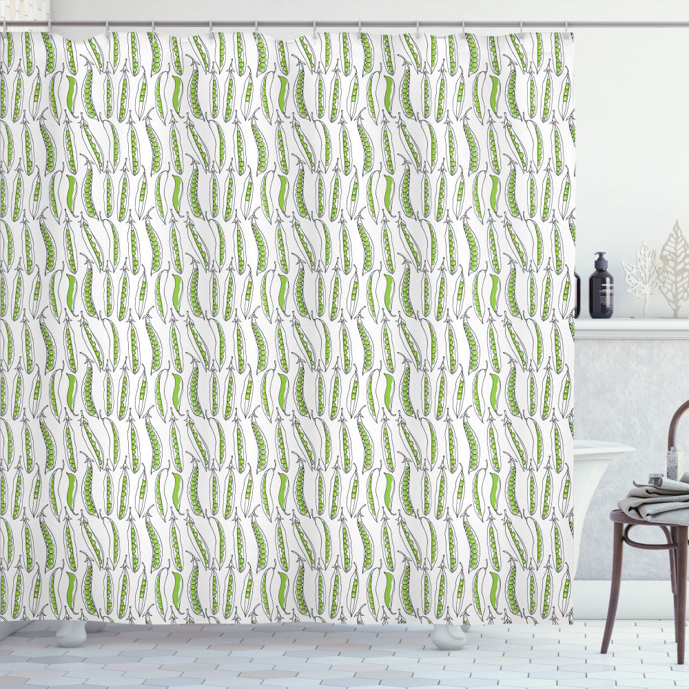 Vegetable-Inspired Green Peas Doodle Fresh Shower Curtain in Lime Green and White