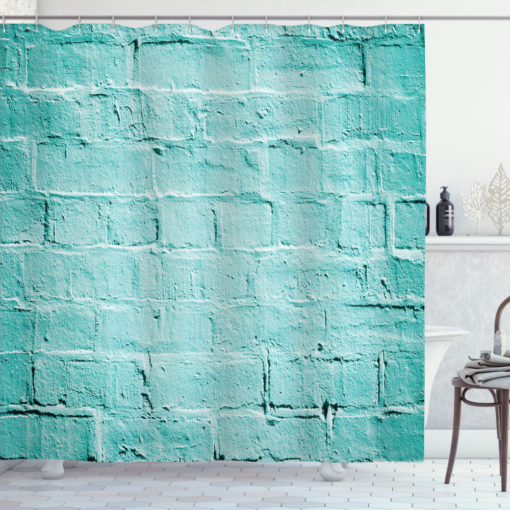 Vibrant Mint and Turquoise Old Brick Wall Bath Curtain: A Refreshing Update