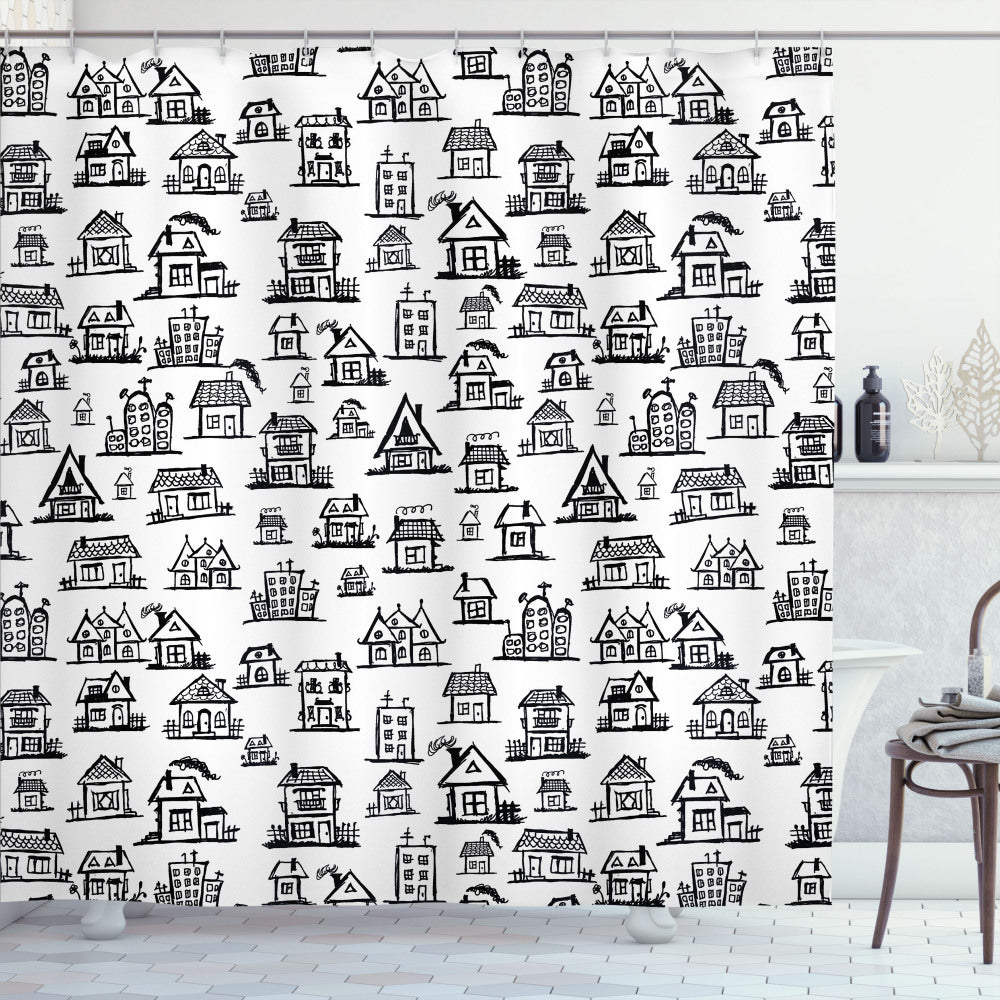 Cityscape Doodle Village Houses Bath Curtain in Black and White