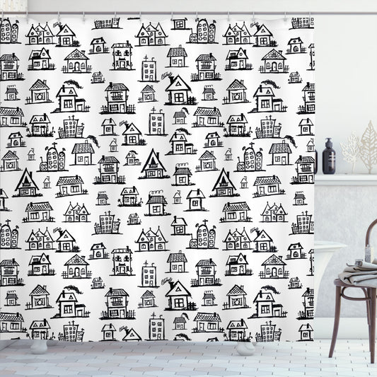 Cityscape Doodle Village Houses Bath Curtain in Black and White