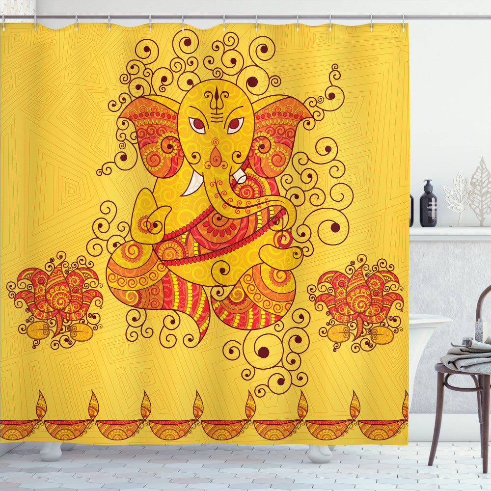 Bohemian Thai Elephant Asian-Inspired Orange and Yellow Shower Curtain