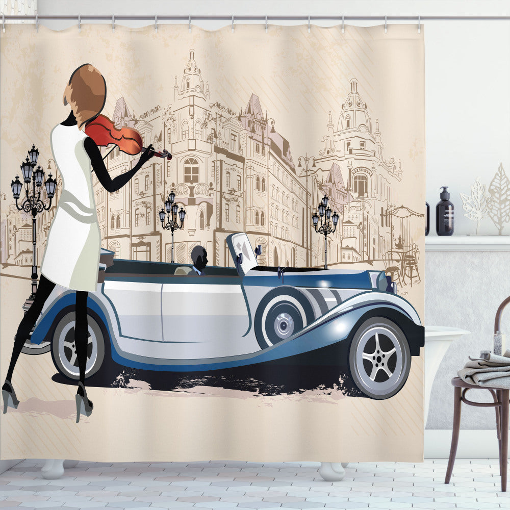 Urban Street Musician Retro Inspired Beige and Brown Shower Curtain