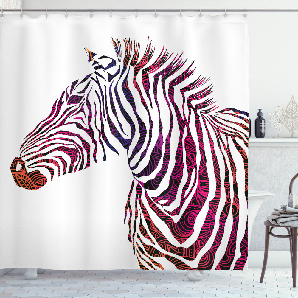 Animal-Inspired Ornamental Zebra Profile Shower Curtain in Vibrant Shades of Purple, Coral, and Pink