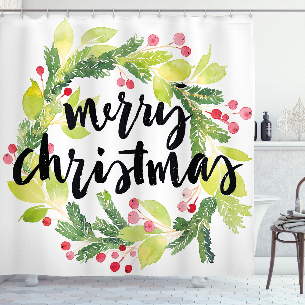 Watercolor Christmas Wreath Shower Curtain in White, Black, and Green