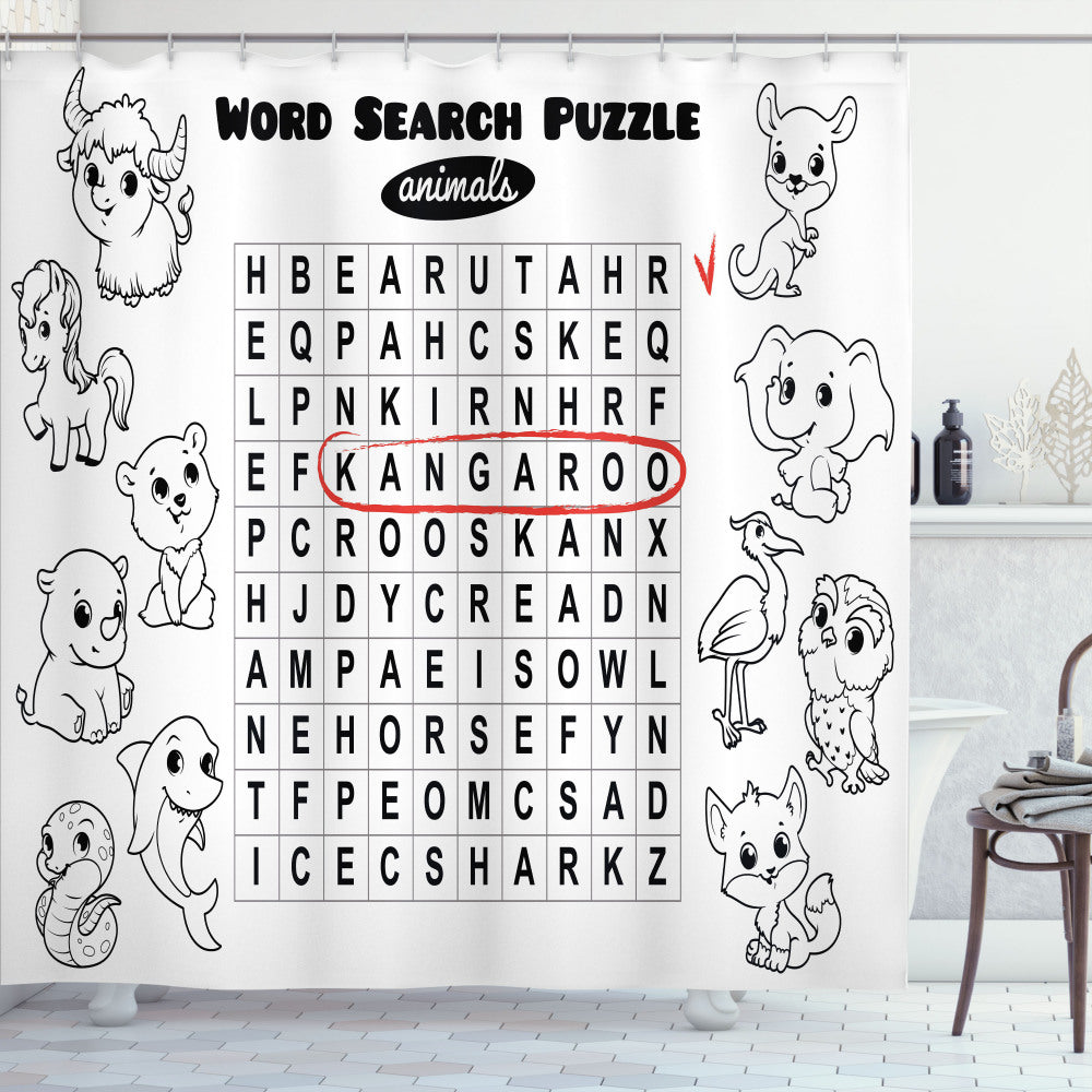 Animal Names Word Search Puzzle for Shower Curtain in White, Black, and Red