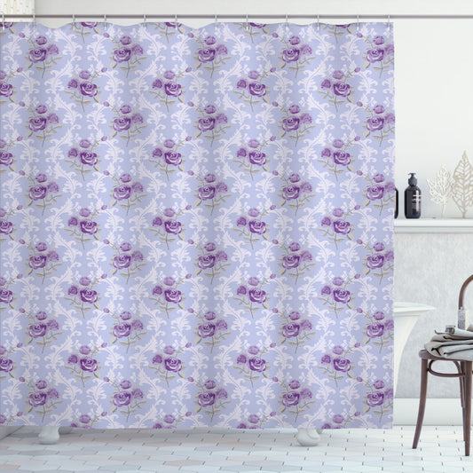 Vintage Waves of Roses: Elegant Bath Curtain in Pale Blue, Lavender, and Taupe