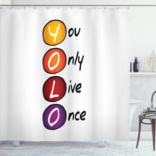 YOLO Multicolor Circles: Vibrant Acronym Design for Shower Curtain