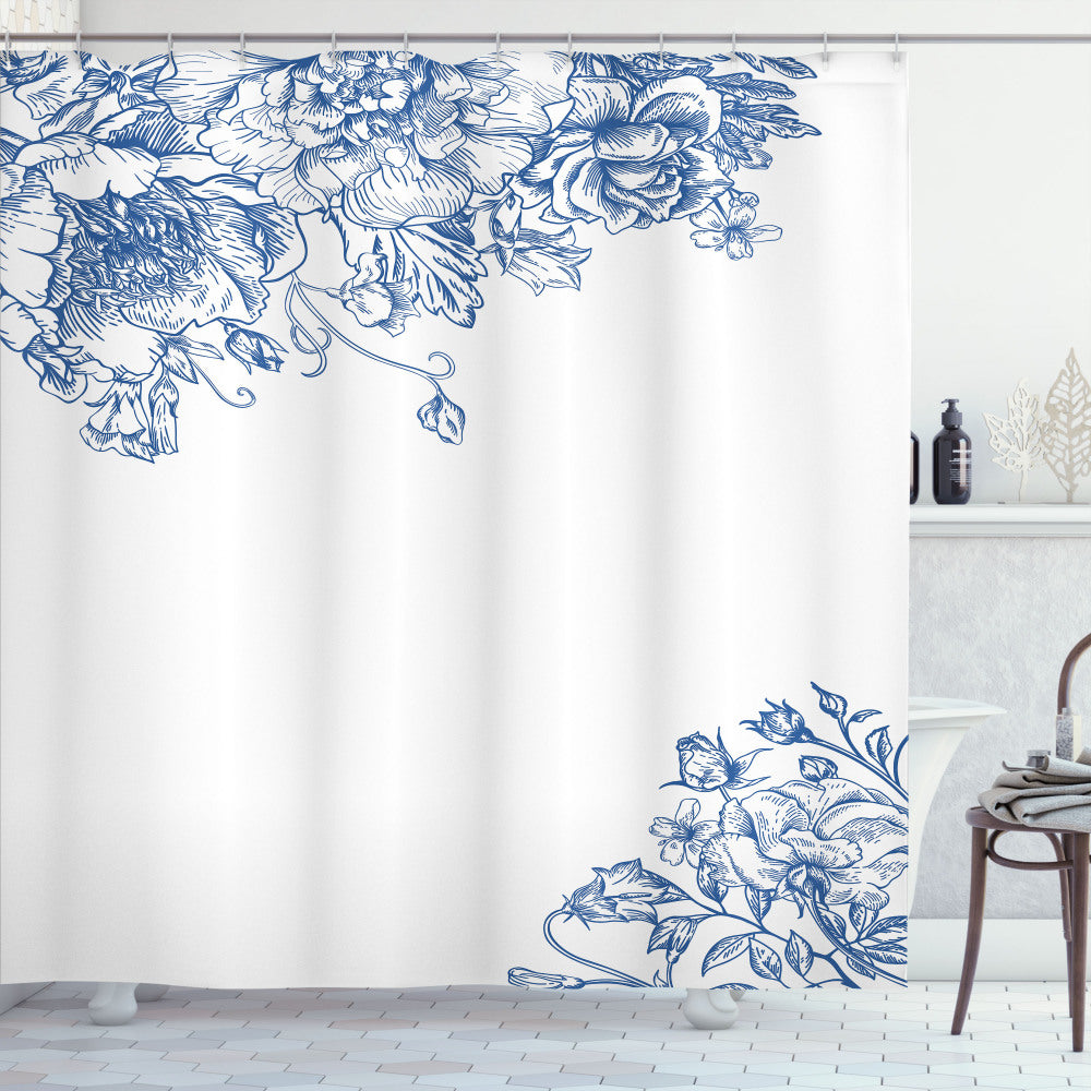 Vintage Blue, Cobalt Blue, and White Peony Rose Buds Shower Curtain - Optimized Title