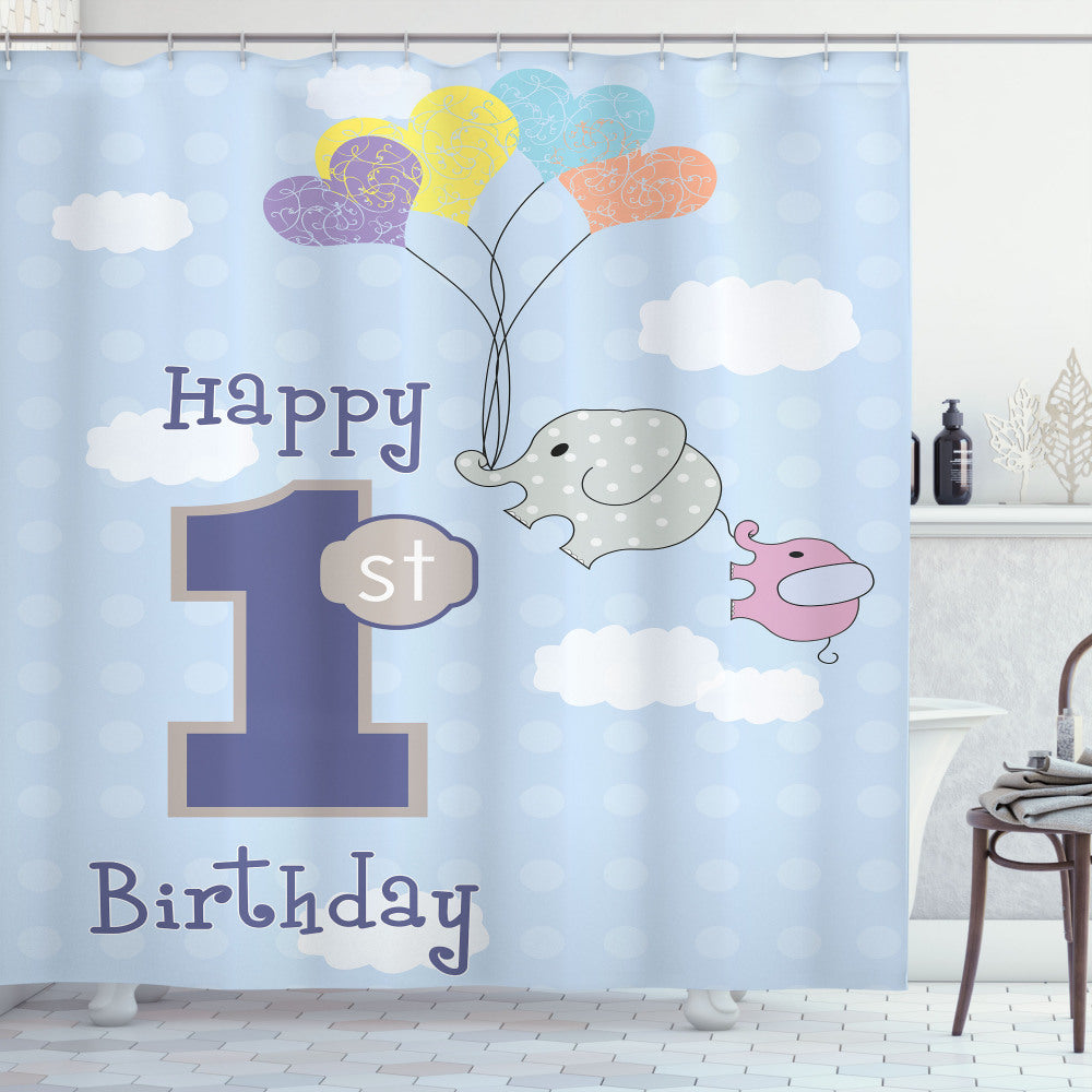 Blue Grey Sky 1st Birthday Elephant Shower Curtain