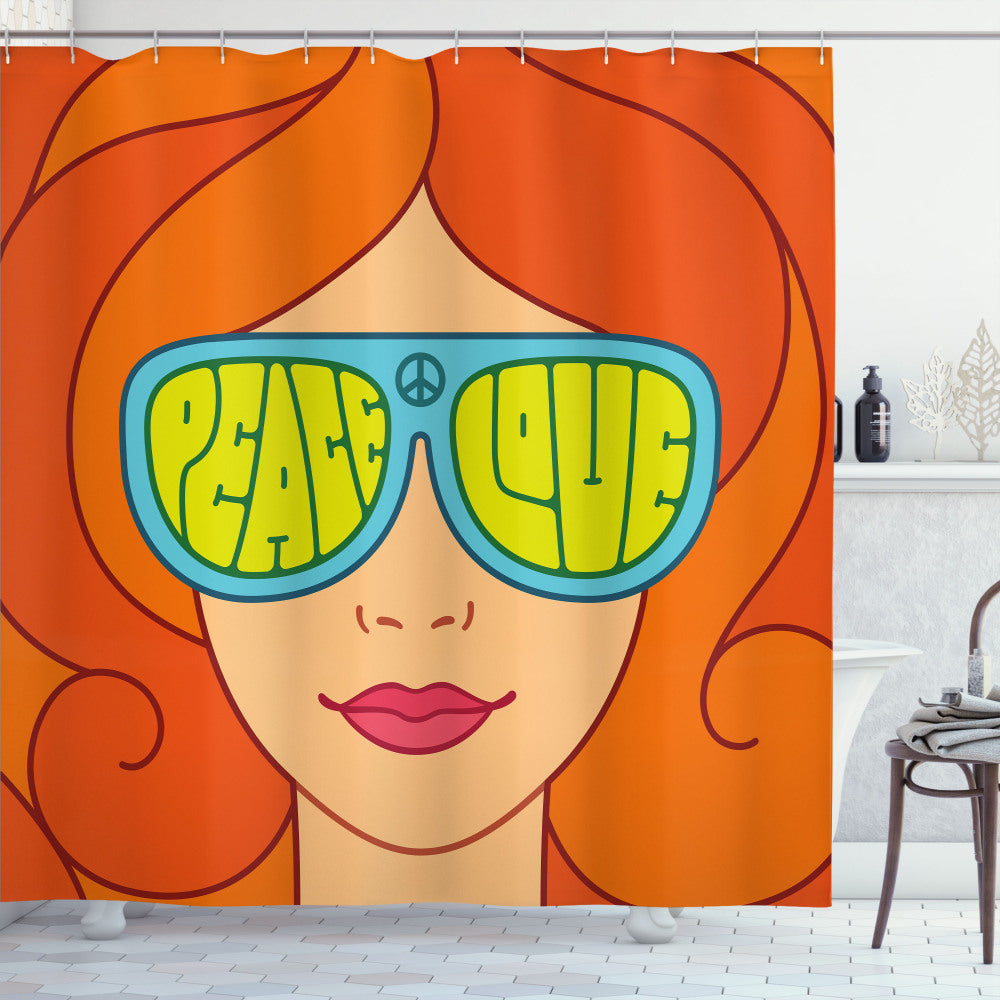 70s Party Multicolor Red Hair Girl Loves Peace Shower Curtain