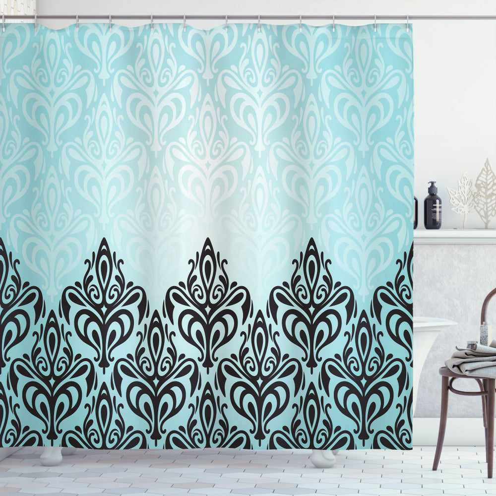 Victorian Damask Bath Curtain in Classic Black and Blue Antique Motif