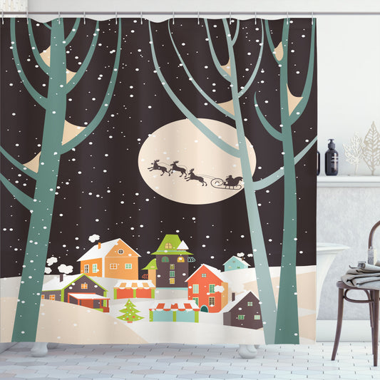 Christmas Multicolor Snow Santa with Deer Town Shower Curtain