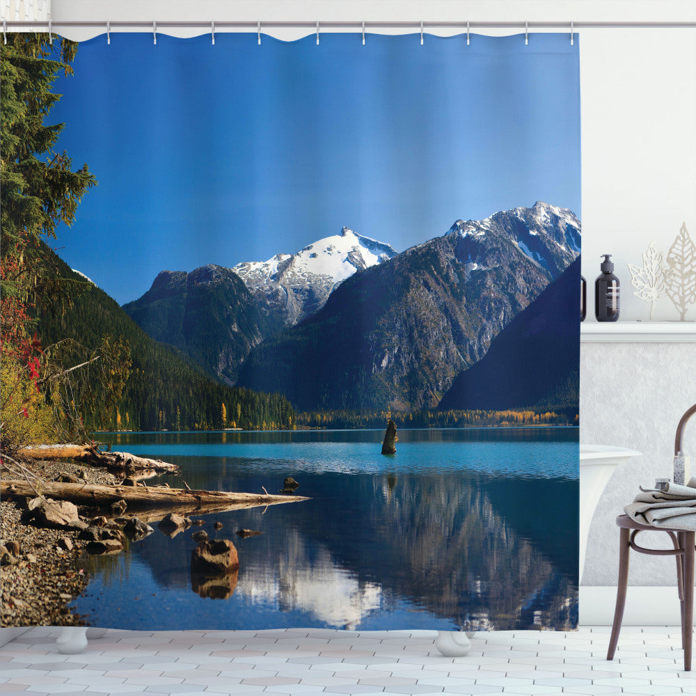 Winter Mountain Trees Landscape Shower Curtain in Dark Brown, White, Green, and Blue Tones