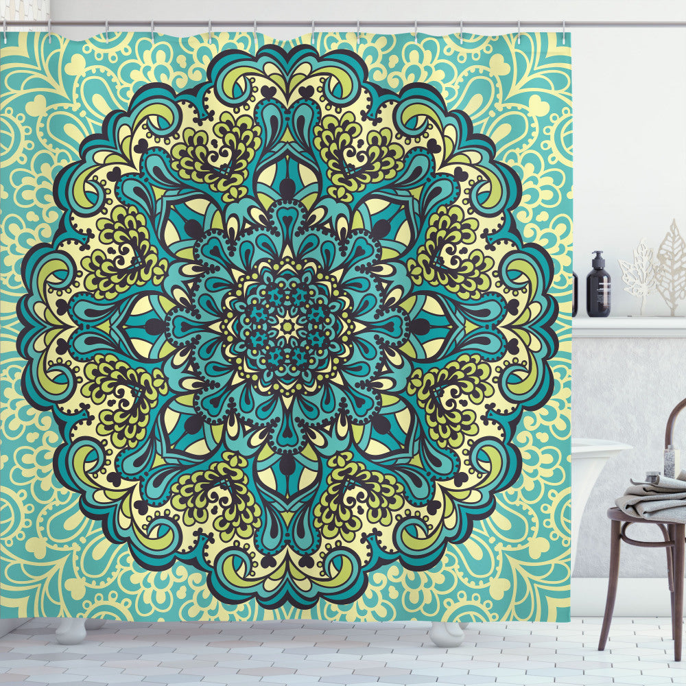 Vibrant Abstract Flower Bath Curtain in Ethnic Inspired Colors of Pale Yellow, Turquoise, and Teal