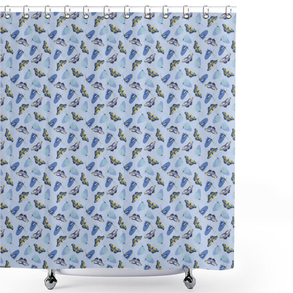 Butterfly Moths Art: Pale Ceil Blue Multicolor Flying Insects Bath Curtain