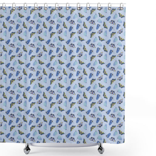 Butterfly Moths Art: Pale Ceil Blue Multicolor Flying Insects Bath Curtain