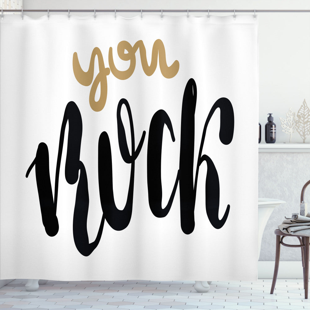 You Rock: Cursive Inspirational Art on Black and Camel Shower Curtain