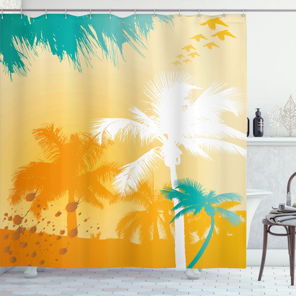 Tropical Retro Vibes: Marigold, White, and Teal Palm Design Shower Curtain