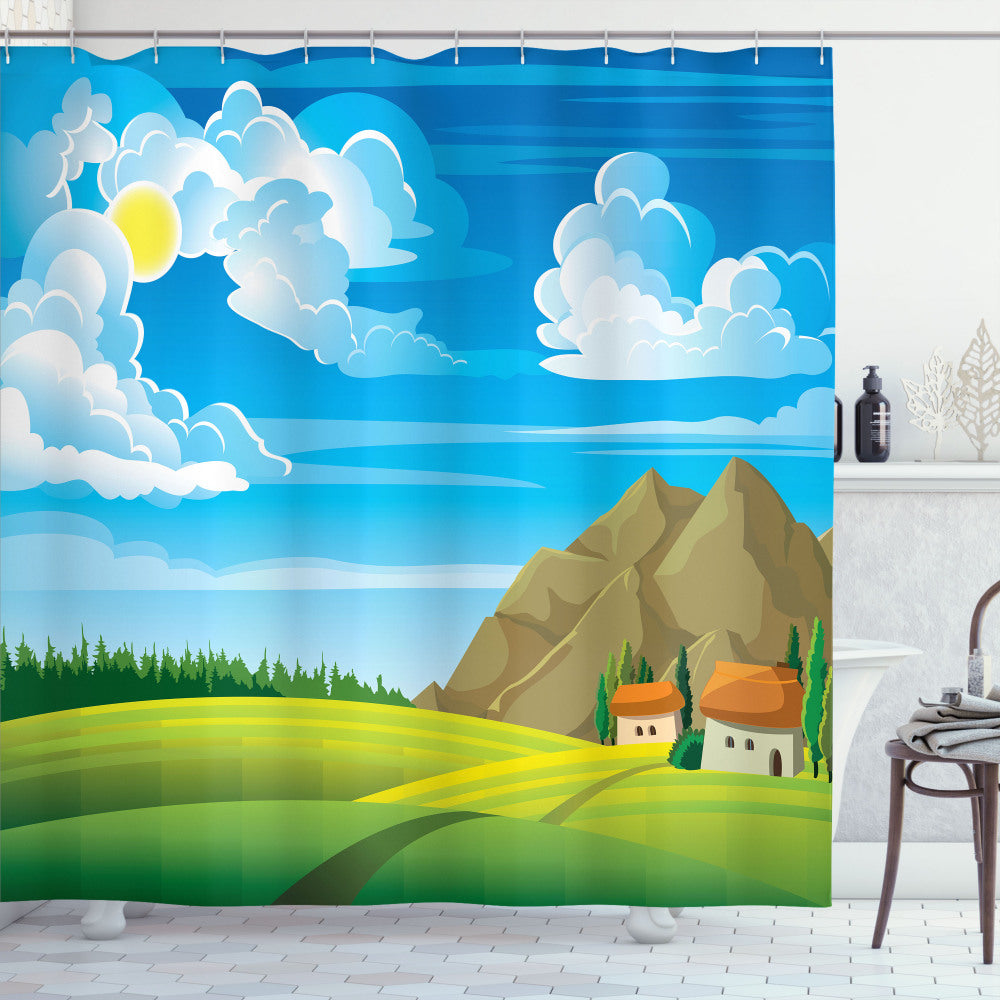 Cloudy Mountain Tree House: Multicolored Shower Curtain