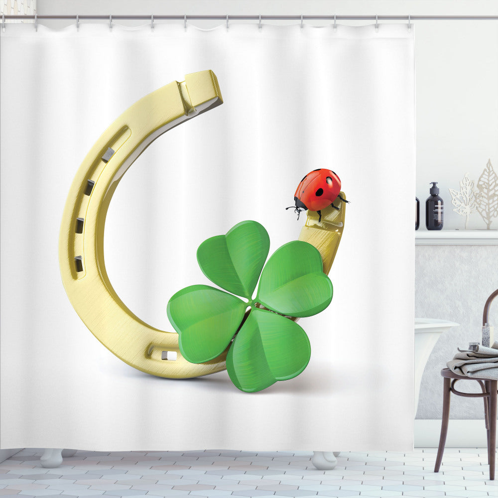 Clover and Ladybug Horseshoe Shower Curtain in Grey, Yellow, Vermilion, and Green